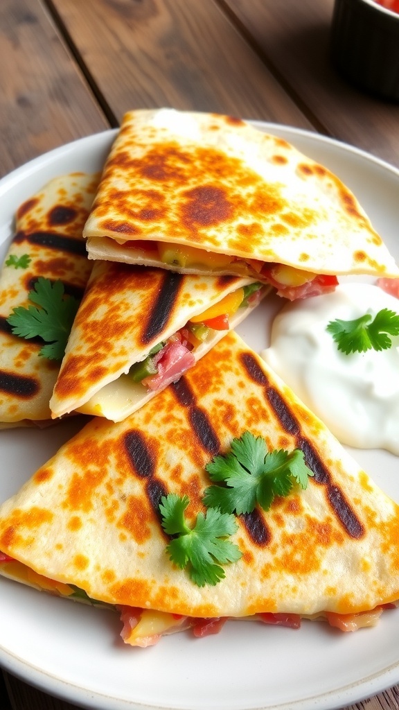Grilled quesadilla filled with cheese and vegetables, served with sour cream and salsa on a wooden table.